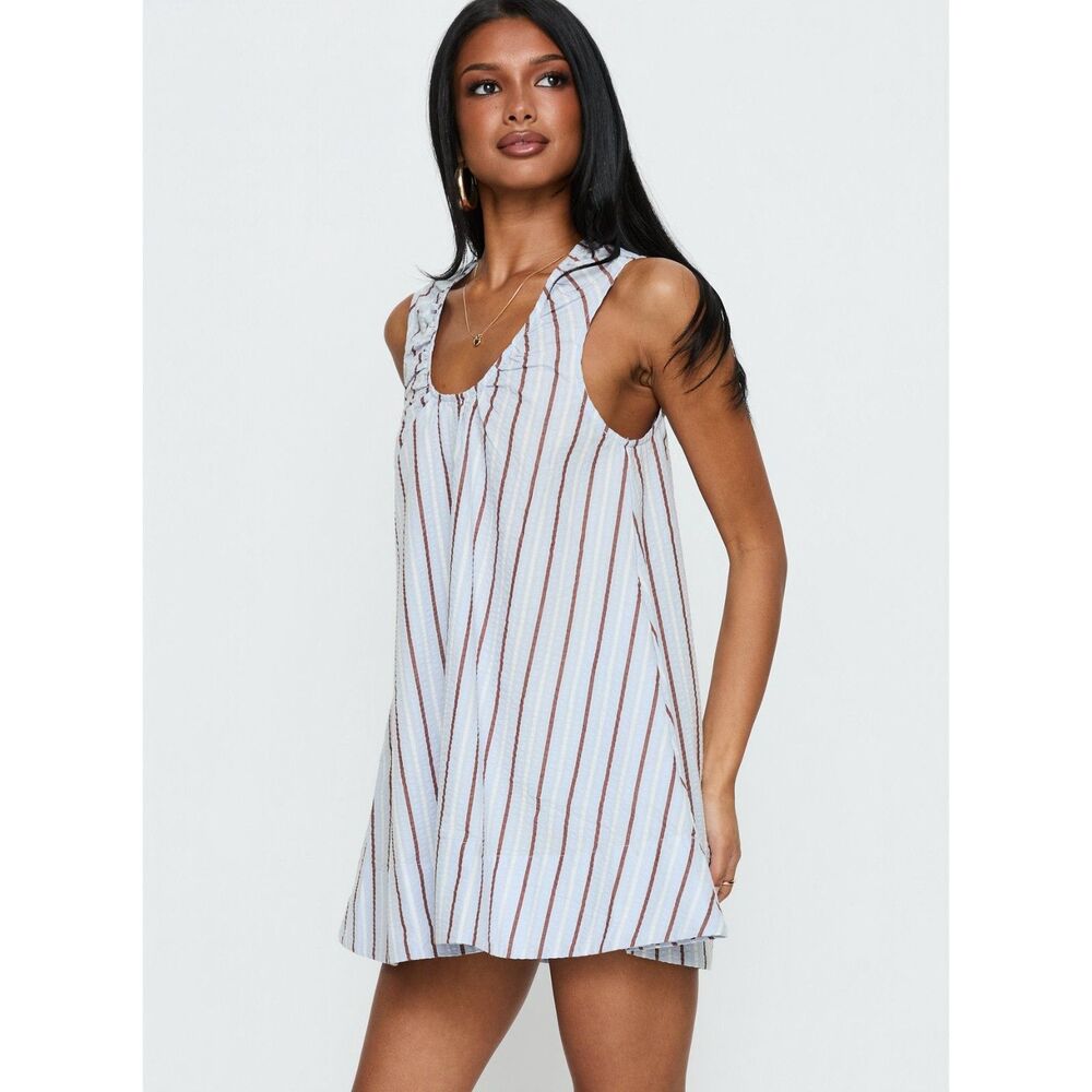 NWT Princess Polly Eberta Ruched Baby Doll Mini Dress Blue Stripe US 4 - Picture 11 of 11